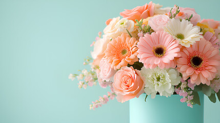 Obraz premium A bouquet of flowers in a blue vase on a blue background