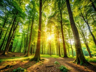 Obraz premium Tranquil Forest Scene with Sunlight Filtering Through Leaves, Ideal for Nature Lovers and Outdoor Enthusiasts, Inviting Space for Text or Branding