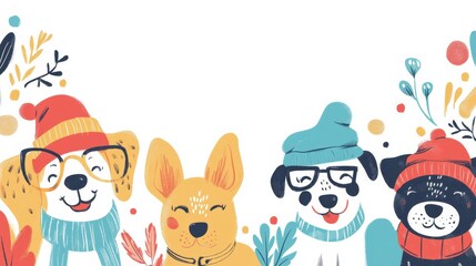 Fototapeta premium Whimsical dogs with various expressions and accessories brighten up the scene with vivid colors and charming details, creating a fun atmosphere. Generative AI