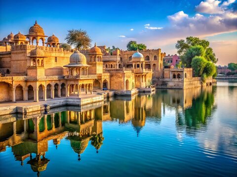 Tranquil Gadsisar Sagar Lake Surrounded by Historic Buildings: A Candid View of Jaisalmer's Architectural Heritage and Rainwater Harvesting System
