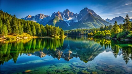 Obraz premium Tranquil Lake Surrounded by Majestic Mountains: A Serene Reflection Captured in Urban Exploration Photography
