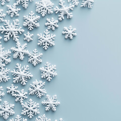 Naklejka premium Snowflakes scattered on light blue background create serene winter scene, evoking feelings of calm and tranquility