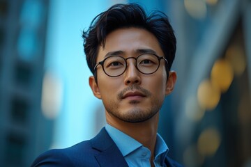 Fototapeta premium A portrait of a successful korean businessman, confidently standing in front of a skyscraper with a clear blue sky in the background, exuding power and professionalism