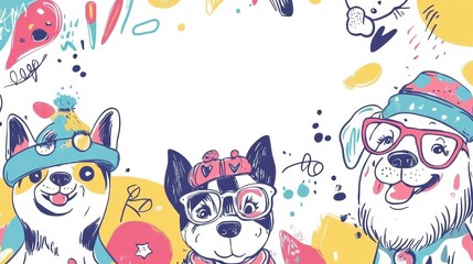 Fototapeta premium Three whimsical dogs are illustrated with playful accessories, showcasing their happy expressions surrounded by vibrant doodle patterns. Generative AI
