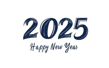 Vector logo of the numbers "2025" in navy blue, on a white background, written with very thin and clean letters. Below the numbers is text that reads "Happy New Year"