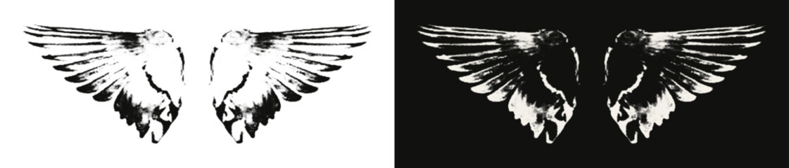 Trendy halftone photocopy stipple effect grunge collage angel or bird wings with grainy dotted texture, black on transparent background and negative on black backdrop. Modern retro vector illustration © ugguggu