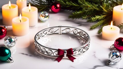 Festive silver Christmas bracelet with ribbon, candles, and Christmas decorations in the background