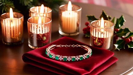 Festive silver Christmas bracelet with green stones, candles, and Christmas decorations in the background