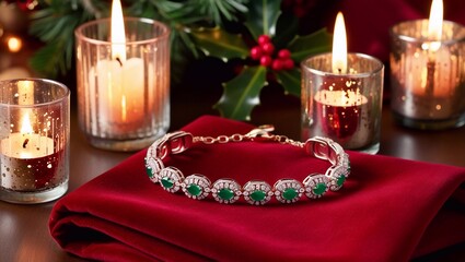 Festive silver Christmas bracelet with green stones, candles, and Christmas decorations in the background