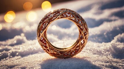 Festive Christmas golden ring on the snow 