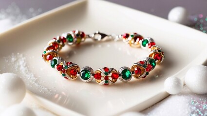 Festive golden Christmas bracelet with red and green stones