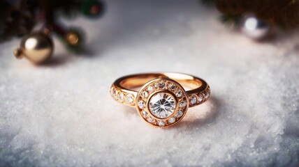 Festive Christmas winter golden ring with diamonds on the snow