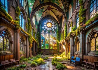 Obraz premium Urban Exploration of Abandoned Churches: Capturing the Spiritual Essence of Catholicism in Decay and Nature's Embrace