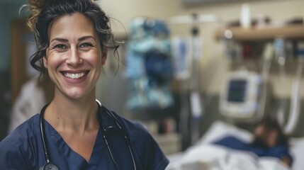 Obraz premium A female nurse smiles at the camera in a hospital hallway.