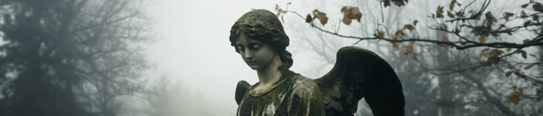 Marble statue of grieving angel, memorial monument slab against the background of cemetery in fog. Banner template of sadness, religious architecture for death ceremony, funeral services copyspace