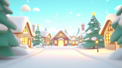 Cartoon winter scene with houses and christmas trees in pastel colors