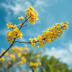 Obraz premium Close-up of vibrant yellow blossoms on a tree branch against a clear blue sky, season, fresh, floral, growth
