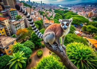 Fototapeta premium Urban exploration photography featuring a ringtailed maki catta lemur perched gracefully on a tree branch, showcasing its striking fur patterns amidst a vibrant natural backdrop.