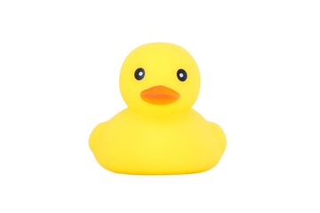 A single squeaky clean yellow rubber duck with orange beak isolated on white background