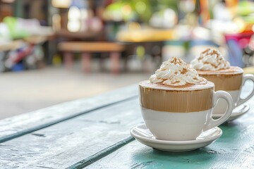 Artisan coffee drinks with whipped cream, vibrant bohemian style, bright colors, front view focus, with lively outdoor market background.