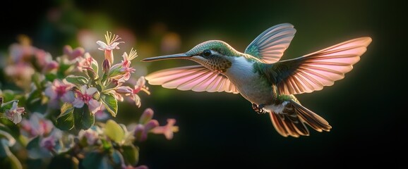 Fototapeta premium Hummingbird in Flight with Pink Wings and Flowers