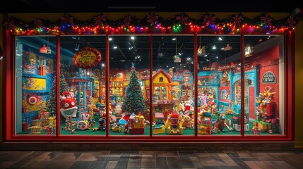 Toyland holiday storefront with oversized toy decorations and lights