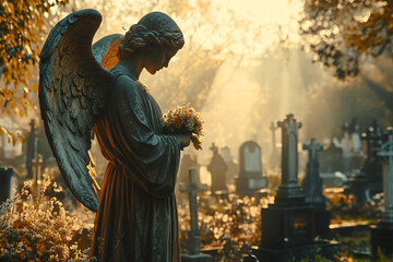 Fototapeta premium Marble statue of grieving angel, memorial monument slab on sunny cemetery background. Backdrop template of sadness, hope, religious architecture for death ceremony and funeral services copyspace