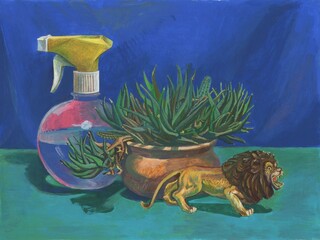 Still-life. A toy lion and a cactus. Oil on canvas. The painting is painted on canvas in oil or acrylic. Handmade - classical painting of high quality.