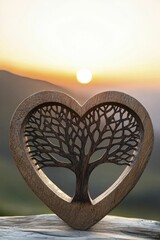 Fototapeta premium Love commitment trust faithfulness tree of life, rustic natural style, wood, front view focus, with tranquil sunset landscape background.