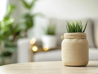Personalized gratitude jars, rustic warmth, earthy tones, front view focus, set against a serene living room backdrop with gentle lighting and greenery.