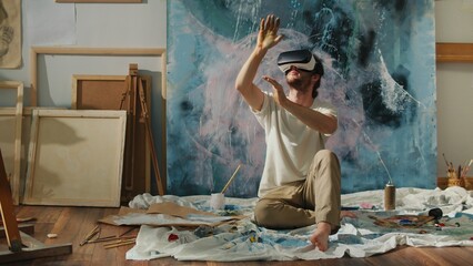 An Artist Uses VR to Immerse Himself in a Virtual Studio, Creating and Exploring New Artistic Worlds. Combines Traditional Art Techniques with Modern Digital Tools in an Innovative Virtual Environment