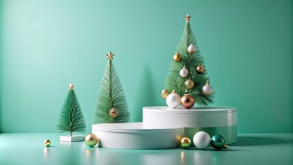 Christmas Podium Mockup | Festive Product Display | Blue-Green Background | Generative AI Image