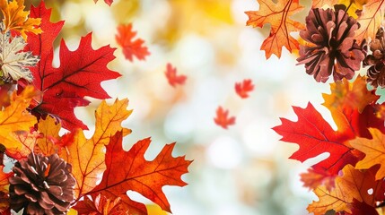 Fototapeta premium A vibrant autumn scene featuring colorful leaves and pine cones against a soft, blurred background.