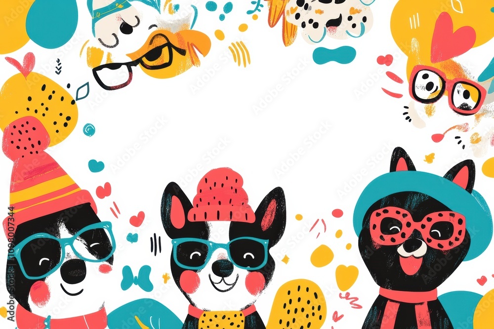 Poster fun doodle illustrations feature three adorable dogs with glasses and hats in a vibrant border fille