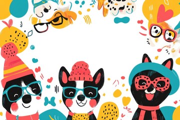 Fototapeta premium Fun doodle illustrations feature three adorable dogs with glasses and hats in a vibrant border filled with playful shapes and colors. Generative AI