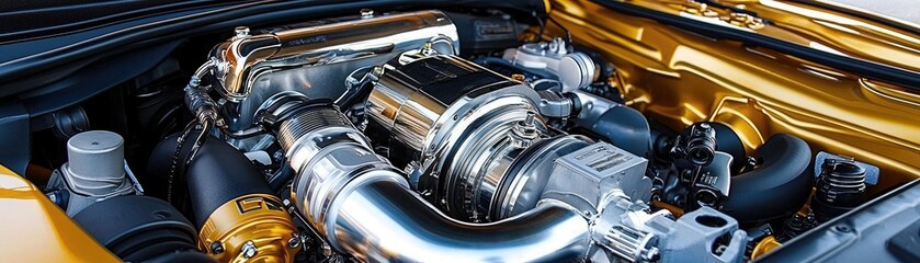 A detailed view of a high-performance car engine, showcasing shiny metallic components and advanced engineering design.