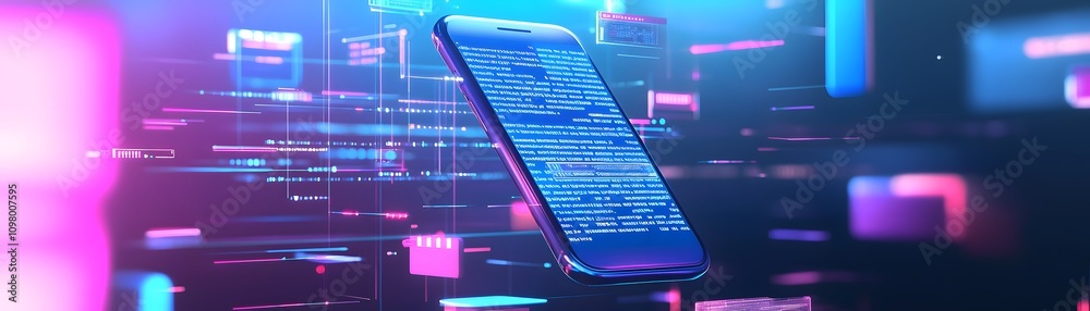Poster smartphone displaying lines of code in a digital space
