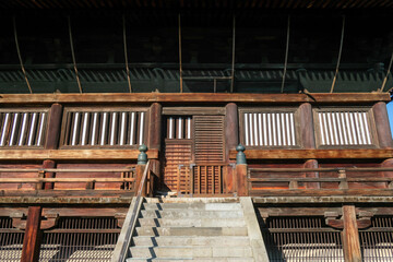 Zenkoji temple, Nagano, Japan, Traditional wooden building with stairs