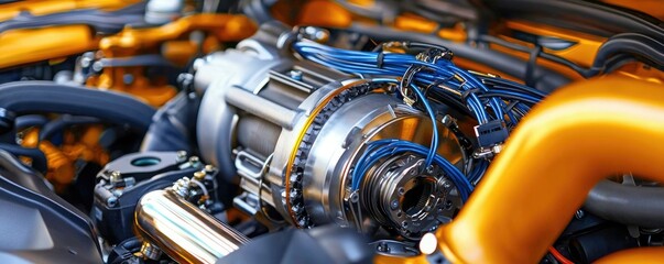 Fototapeta premium A close-up view of a high-performance car engine showcasing intricate wiring and vibrant orange components.