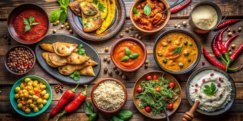 Fototapeta premium Vibrant Collage of Assorted Indian Cuisine on a Rustic Wooden Background Featuring Colorful Dishes, Spices, and Textures for a Delicious Culinary Experience