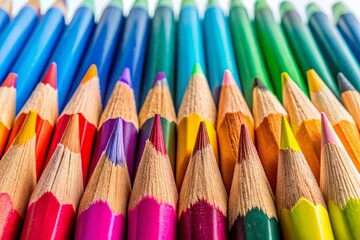 Fototapeta premium Vibrant Color Pencils Isolated on White Background in Close-Up View Showcasing Diverse Shades Perfect for Creative Projects and Art Supplies Photography