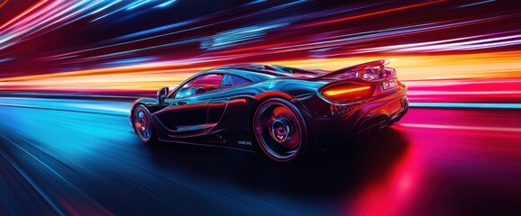 Black Sports Car Speeding Through Neon Lights