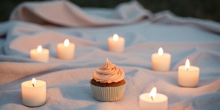 Bright Cupcake on Picnic Blanket with Lit Candles.