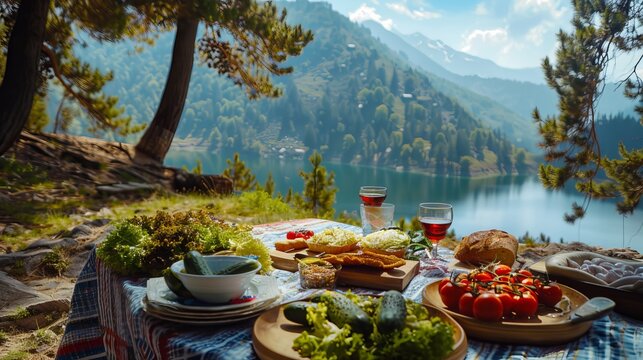 On the slopes of the mountain, a meal decorated with cabbage, water, bread, and cucumber tomatoes. around mountion , lake, trees. sunny day --ar 16:9 Job ID: 062387cb-ad6b-4225-98de-4b2602aa79b1