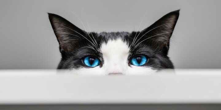 A black and white cat with bright blue eyes stares intensely at the camera. - Powered by Adobe