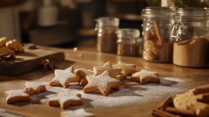 Golden Star Cookies with Powdered Sugar on Wooden Table