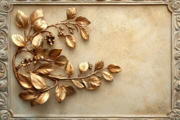 Cover, greeting card, embellishment, wrapping, announcement, or print artwork showcasing plaster ornamentation and a bough accented with golden foliage - stock graphic of a floral feature