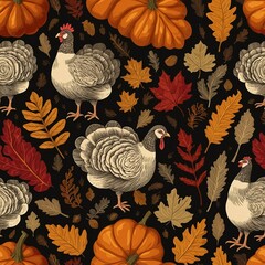 Thanksgiving Turkey and Pumpkin Patterns with Autumn Harvest Details, 300 DPI High Resolution
