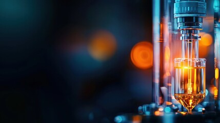 technology biotechnology optimization Concept. A close-up image of a glowing tube within machinery, showcasing intricate details and vibrant colors against a dark background.