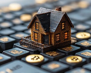 Miniature House on Computer Keyboard Surrounded by Digital Currency Symbols Representing Real Estate Investment and Cryptocurrency